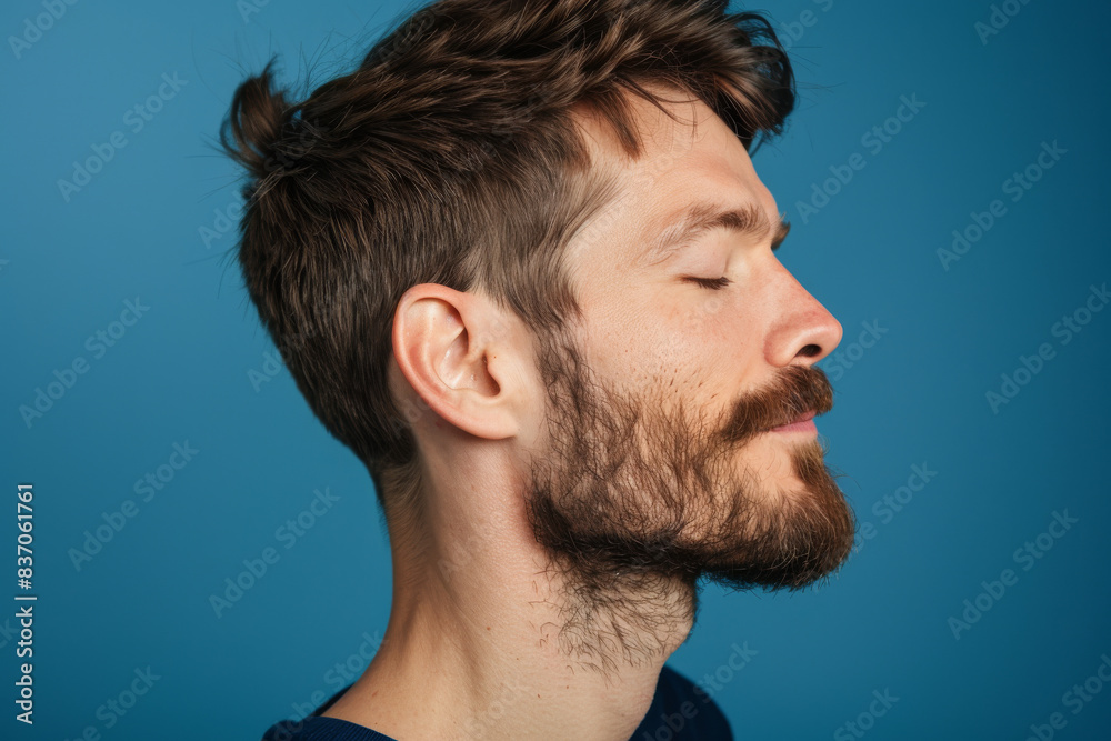 Obraz premium A close up of a man with beard and closed eyes looking to a side