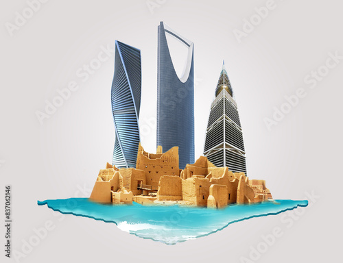 Kingdom of Saudi Arabia skyline with nature. celebrating the national day. abstract design template. old arch and dune sand, 3d illustration with sea water. photo