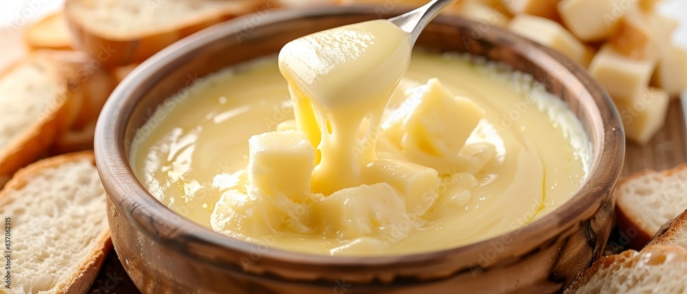 Delicious creamy cheese fondue served hot with crusty bread cubes, perfect for a cozy meal or appetizer. Warm, comforting, and savory delight. Delicious creamy cheese fondue served hot with crusty bread cubes, perfect for a cozy meal or appetizer. Warm, comforting, and savory delight.