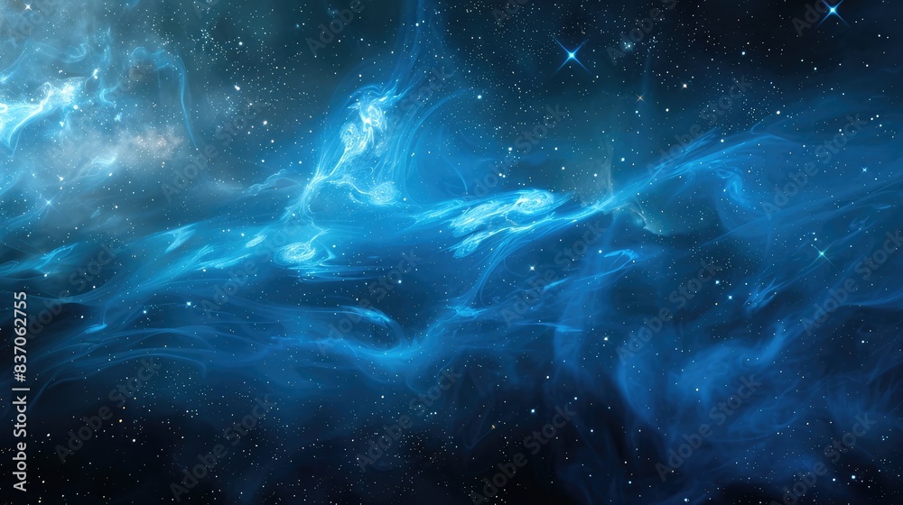 Sapphire smoke moving through galaxies and stars, minimalist cosmic journey. Sapphire smoke moving through galaxies and stars, minimalist cosmic journey.