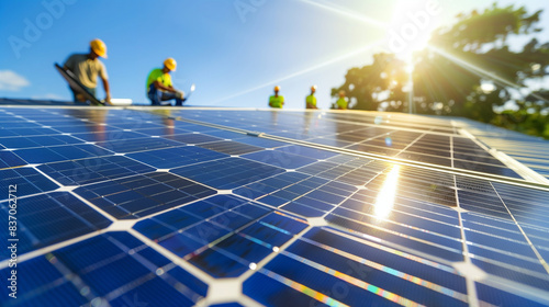 a close-up image of solar panels being installed on a rooftop by a team of workers, with the sun shining brightly in the background, Green initiatives, reducing the carbon footprin photo