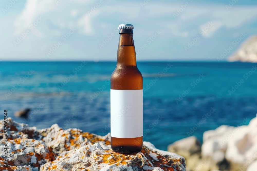 Serene Beachside With Single Beer Bottle on Rocky Shore Serene Beachside With Single Beer Bottle on Rocky Shore