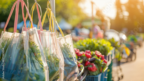 a close-up image of reusable shopping bags being used at a farmer's market, reducing plastic waste and promoting sustainable living, Green initiatives, reducing the carbon footprin photo