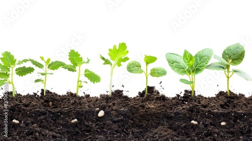 Green seedlings sprouting in a row from fertile soil, showcasing early growth stages against a white background.