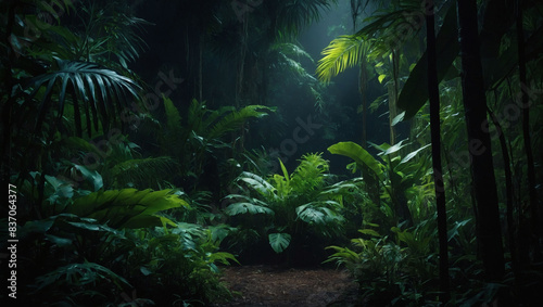 Tropical jungle backdrop at night, evoking an atmospheric rainforest ambiance.