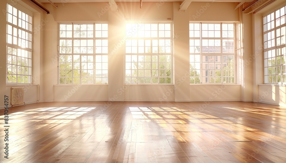 Sunlight streams through large windows, casting warm light across a spacious empty room with wooden floors and high ceilings. Sunlight streams through large windows, casting warm light across a spacious empty room with wooden floors and high ceilings.