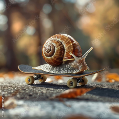 A fun and imaginative portrayal of a snail on a skateboard, emphasizing fast movement, delivery efficiency, and time-saving concepts in a whimsical setting. AI generative. photo