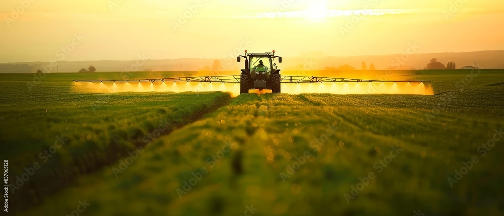 Tractor spraying pesticides over a lush green field at sunrise, capturing the beauty of agricultural machinery in morning light. Tractor spraying pesticides over a lush green field at sunrise, capturing the beauty of agricultural machinery in morning light.