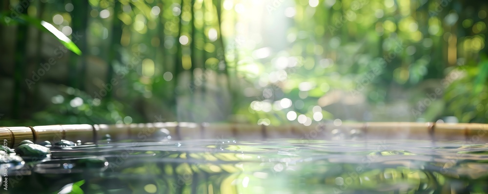 Tranquil hot spring pool with steam rising in lush bamboo forest, serene natural retreat captured beautifully in soft, morning light. Tranquil hot spring pool with steam rising in lush bamboo forest, serene natural retreat captured beautifully in soft, morning light.