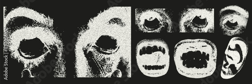 Retro grunge collage with a photocopy negative effect. Creepy face with white eyeballs, mouth in a grin, ear, eyes. Dot texture and stipple effect.	