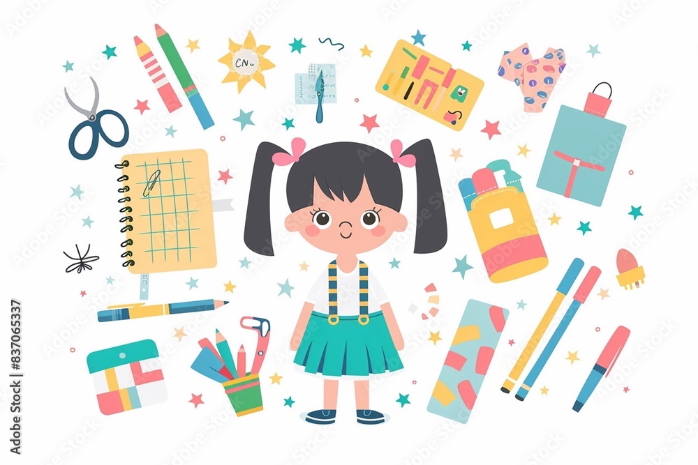 Flat vector of a girl with school items like notebooks, crayons, and scissors, white background Flat vector of a girl with school items like notebooks, crayons, and scissors, white background