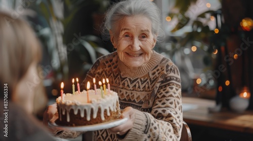 The elderly woman with birthday cake