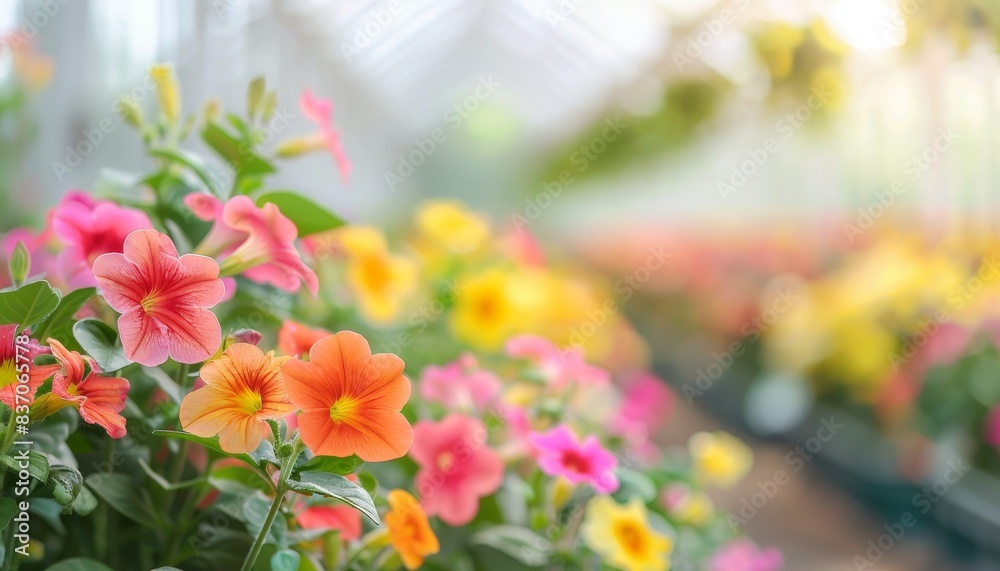 Vibrant multi-colored flowers in a greenhouse creating a beautiful, serene ambiance perfect for gardens and floral decorations. Vibrant multi-colored flowers in a greenhouse creating a beautiful, serene ambiance perfect for gardens and floral decorations.