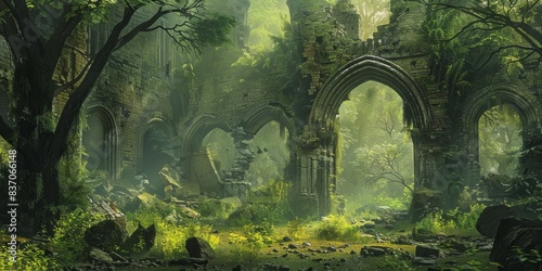 Nature's Resurgence: A Captivating 4K Wallpaper Showcasing Rebirth Amidst Ruins，Ruins, wilderness, growing ruins, natural regeneration, green in ruins, 4k HD wallpaper, background, generated by AI