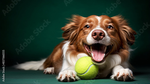 Happy cavalier king charles spaniel with tennis ball photo