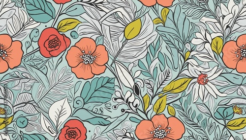 Abstract hand drawn pattern, doodle illustration of flowers