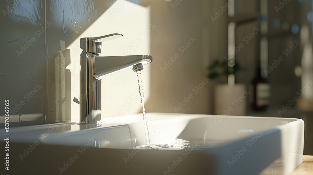 Tall white faucet with water running into a bathroom sink, bathed in natural light, providing a photorealistic view of modern interior design. AI generative. Tall white faucet with water running into a bathroom sink, bathed in natural light, providing a photorealistic view of modern interior design. AI generative.