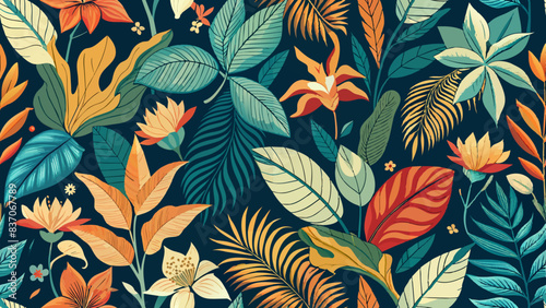 A vibrant, tropical-themed illustration featuring an array of colorful leaves and flowers on a dark background. The foliage includes various shapes and sizes in shades of green, blue, yellow