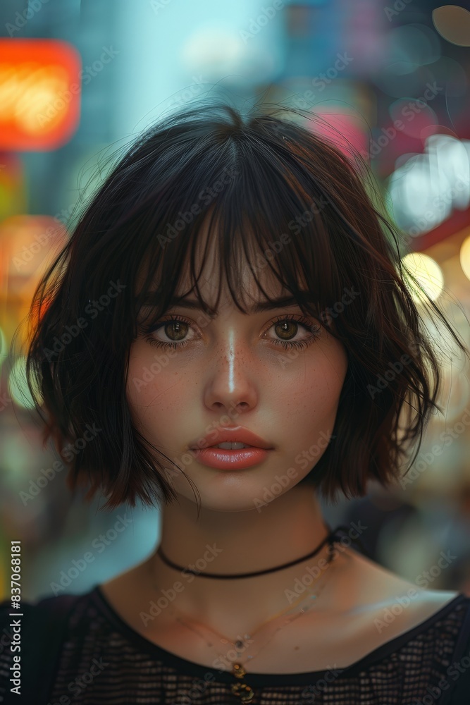 Portrait of a young woman with short dark hair in a bustling urban city setting at night with colorful neon lights and blurred backgroundurban portrait Portrait of a young woman with short dark hair in a bustling urban city setting at night with colorful neon lights and blurred backgroundurban portrait