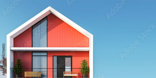 Mini house model on blue isolated background. Construction concept, buying a house. Banner with place for text. photo