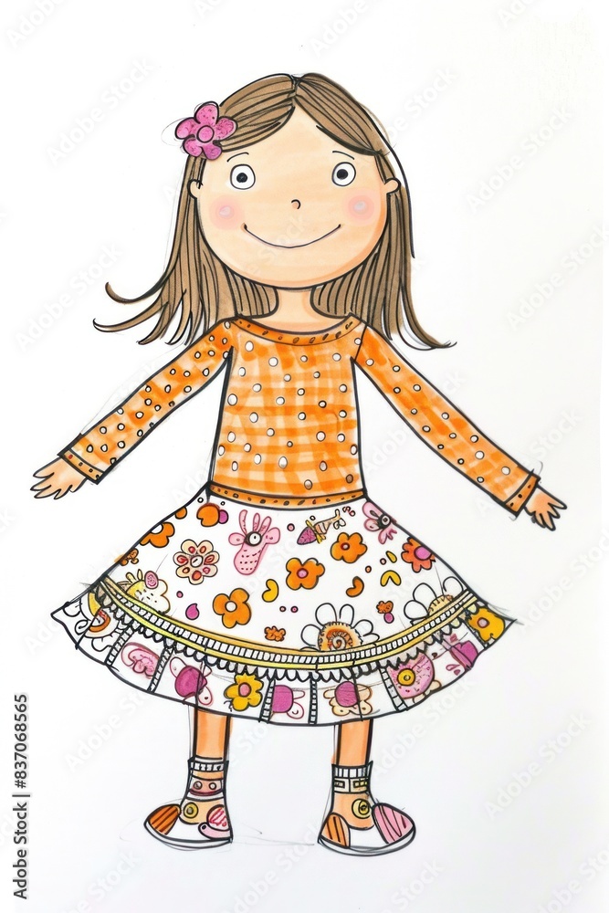 Fototapeta premium A young girl standing with her arms outstretched. She is wearing a yellow sweater and a floral skirt. The girl has long hair and smiles.