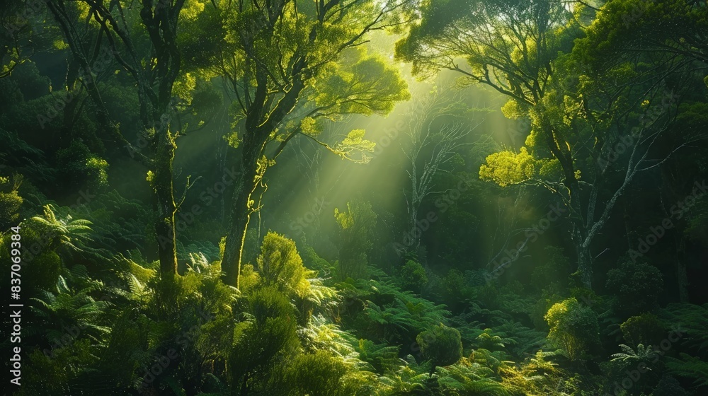 Scenic Waipoua Forest in New Zealand with ancient kauri trees, lush greenery, and diverse wildlife