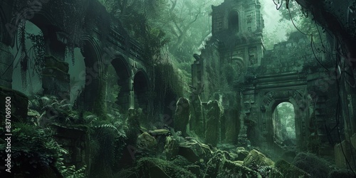 Ruins, wilderness, growing ruins, natural regeneration, and the Christian cross, the stairway to heaven in the concept of heaven. religious background. Faith, hope, stairway to heaven in spiritual con