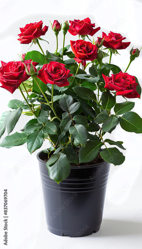Indoor flowers roses in a clay pot on a white background Indoor flowers roses in a clay pot on a white background