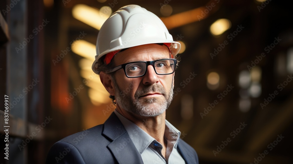 Photograph of a middle-aged architect with a thoughtful expression, wearing glasses and a hard hat, looking directly at the camera Photograph of a middle-aged architect with a thoughtful expression, wearing glasses and a hard hat, looking directly at the camera