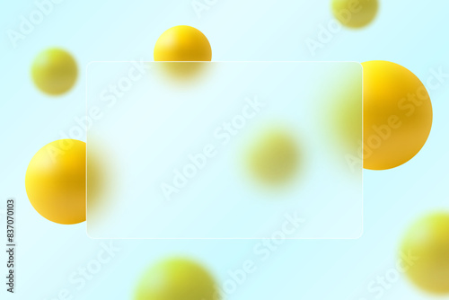 Template of credit card, glass morphism. Transparent glass card and yellow spheres with blur effect.
