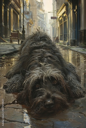 A large shaggy dog was laying in the middle of an empty wet street and building on the background