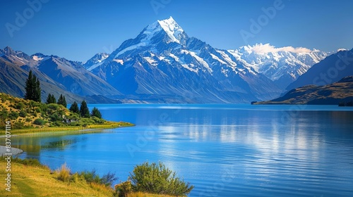 Scenic Aoraki Mount Cook in New Zealand with snow-capped peaks photo