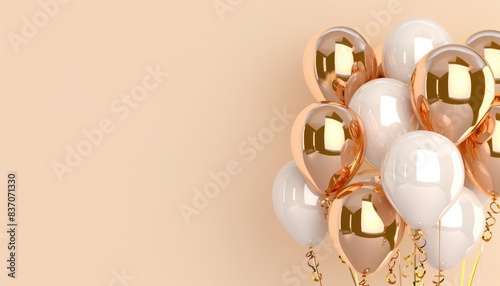 Golden and white balloons with ribbon on light pink background