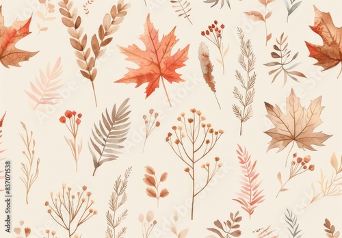 Watercolor Autumn Leaves and Branches Seamless Pattern
