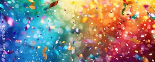 Colorful Confetti and Ribbons Falling on a Blurred Background