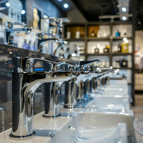 A variety of water taps in different shapes and types on the store counter. Retail trade in sanitaryware features modern fixtures and designs in the foreground, rendered with AI generative.