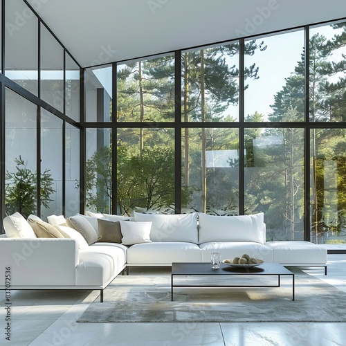 This stylish modern living room with large windows offers a tranquil forest view, ideal as a wallpaper or best-seller background for designs © qorqudlu