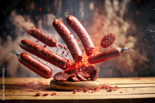 sausages on wooden table photo