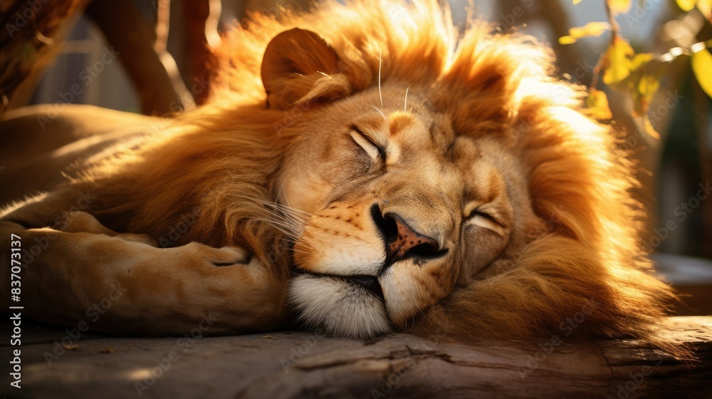 Fototapeta premium Photograph of a sleeping lion curled up in the sun, its powerful form radiating an aura of peace and tranquility