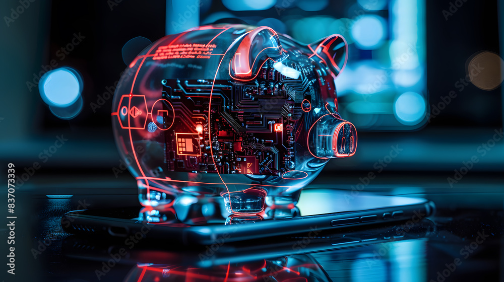 Blend of classic piggy bank and digital savings app interface ...