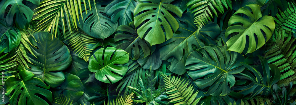 Green leaves of tropical plants, fern and monstera in nature background. Flat lay style. Dark green tone. Top view. Green leaves of tropical plants, fern and monstera in nature background. Flat lay style. Dark green tone. Top view.