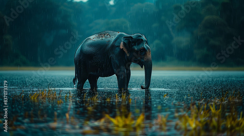 Wildlife photo of an Indianelephant in a panoramic landscape of Kerala's paddyfield under the rain. The immersive hues and natural beauty create a serene scene captured by AI generative. photo