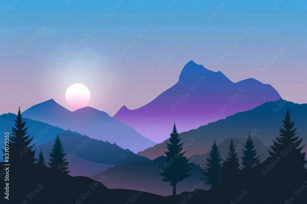 Obraz premium Landscape with mountains, coniferous forest and sunset. illustration.