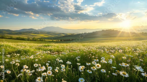 A field of white flowers with a bright sun in the background