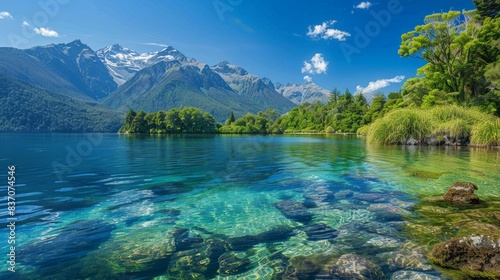 Scenic Te Anau in New Zealand with clear blue waters, lush greenery, and stunning mountain views photo