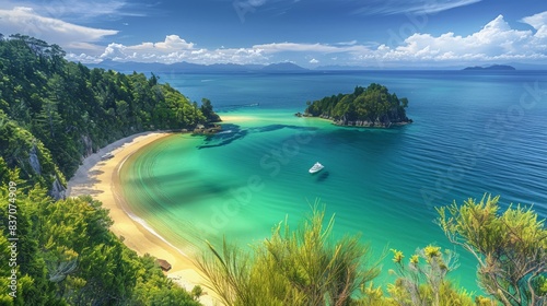 Scenic Abel Tasman National Park in New Zealand with golden beaches, lush forests, and clear blue waters
