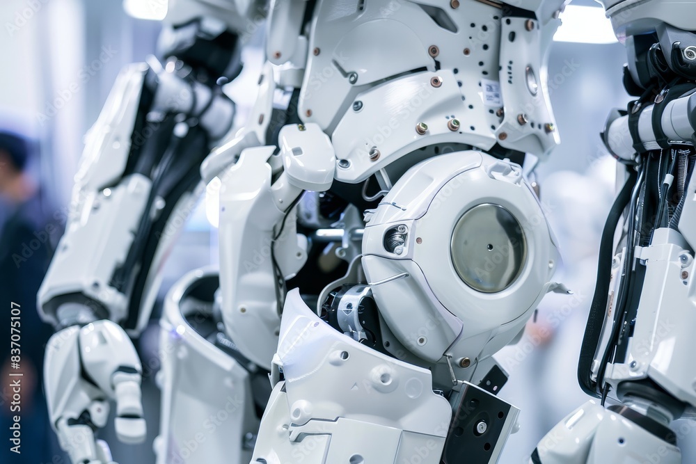 A close-up of a robotic suit in action, illustrating its use in a medical setting for physical rehabilitation, emphasizing the role of wearable robotics in enhancing mobility and recovery A close-up of a robotic suit in action, illustrating its use in a medical setting for physical rehabilitation, emphasizing the role of wearable robotics in enhancing mobility and recovery