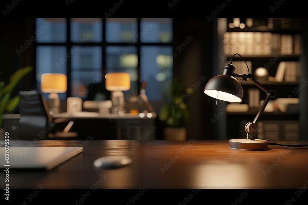 close-up image, Modern stylish dark workspace tabletop with table lamp, decor and copy space for display your product mockup over blurred modern dark office background. generative ai. close-up image, Modern stylish dark workspace tabletop with table lamp, decor and copy space for display your product mockup over blurred modern dark office background. generative ai.