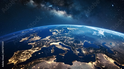 A breathtaking view of Earth from space, showcasing its vast and diverse landscapes with a European Union map in the background. 