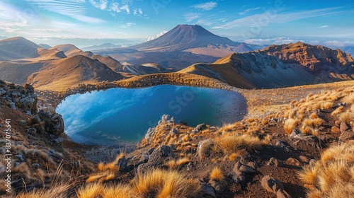 Scenic Tongariro Alpine Crossing in New Zealand with volcanic landscapes, clear blue lakes, and rugged trails photo